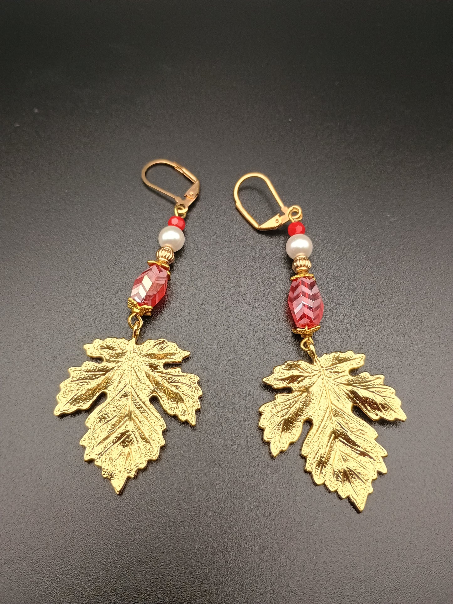 Crimson & Gold Leaf Necklace & Earring Set