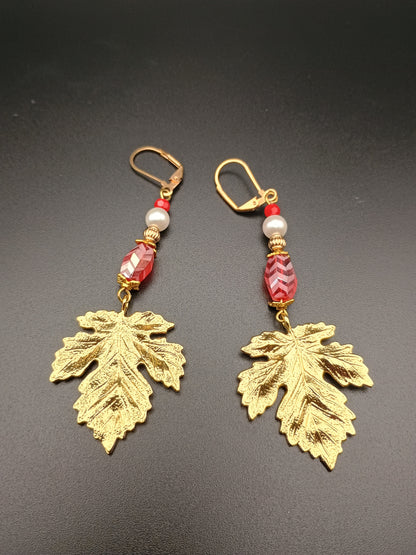 Crimson & Gold Leaf Necklace & Earring Set