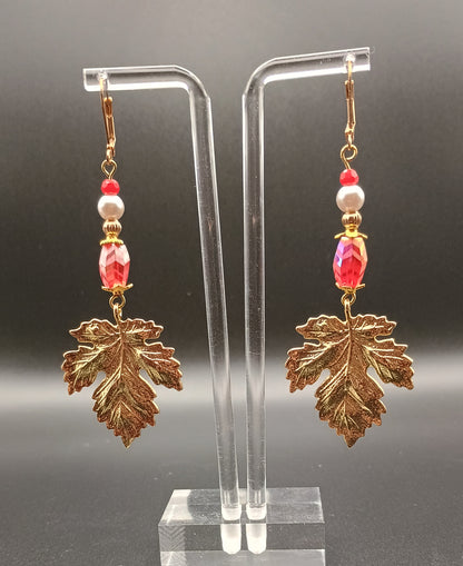 Crimson & Gold Leaf Necklace & Earring Set