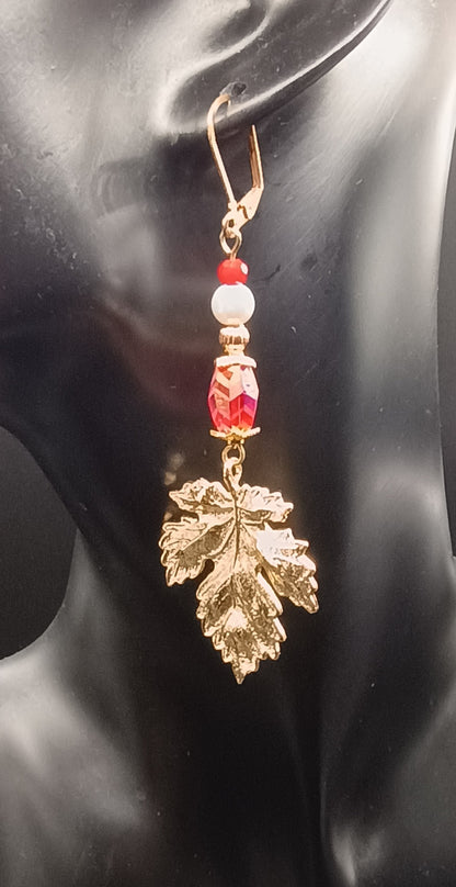 Crimson & Gold Leaf Necklace & Earring Set
