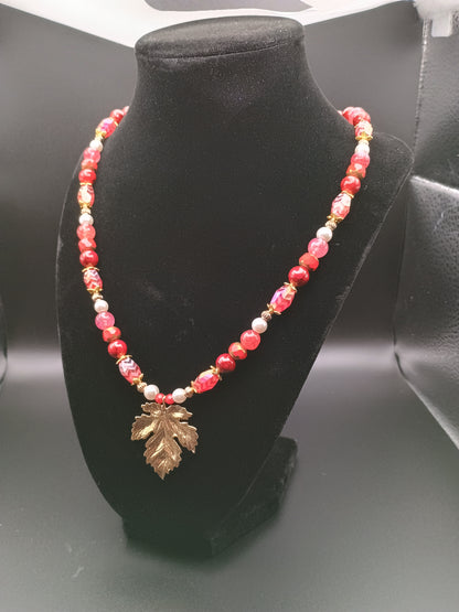 Crimson & Gold Leaf Necklace & Earring Set
