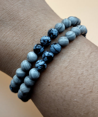 Snowflake Obsidian & Silver Line Jasper Bracelets