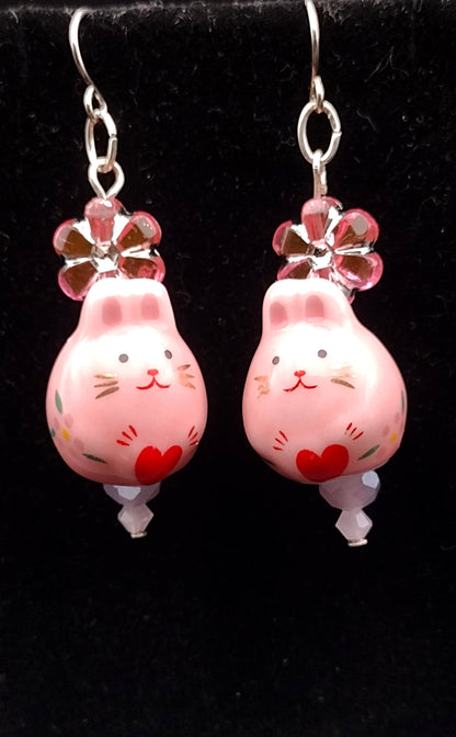 Animal Floral Earrings - Bunny or Lucky Cat