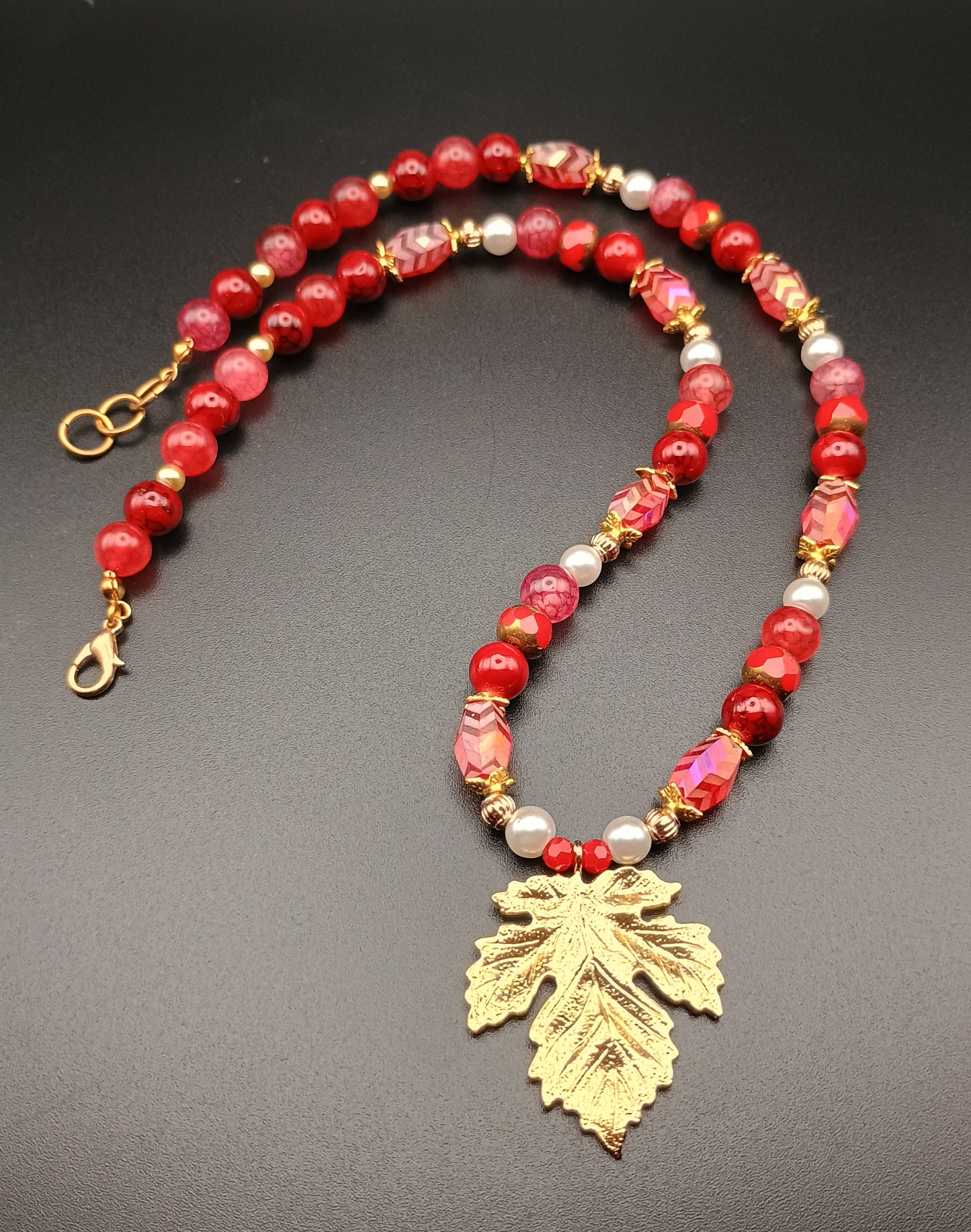 Crimson & Gold Leaf Necklace & Earring Set