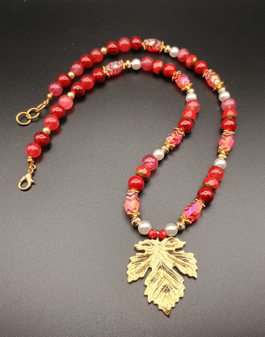Crimson & Gold Leaf Necklace & Earring Set